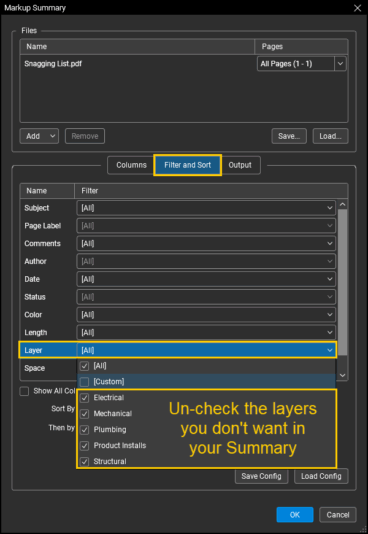 Filter Layers in your Markup Summary