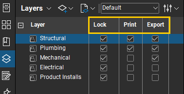 Use the Layers Panel to allow Locking, Printing and Exporting of markup data