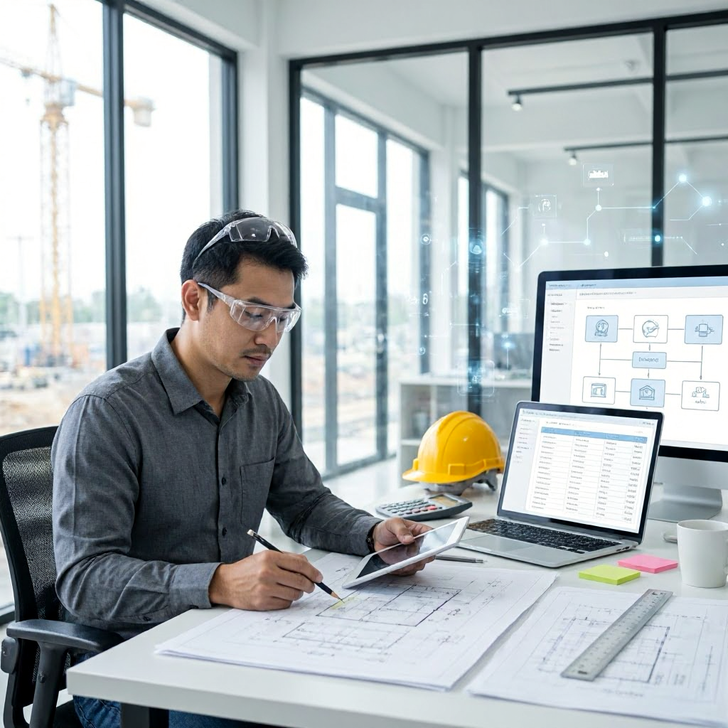 construction estimator reviewing drawings and collecting project data using Bluebeam Revu