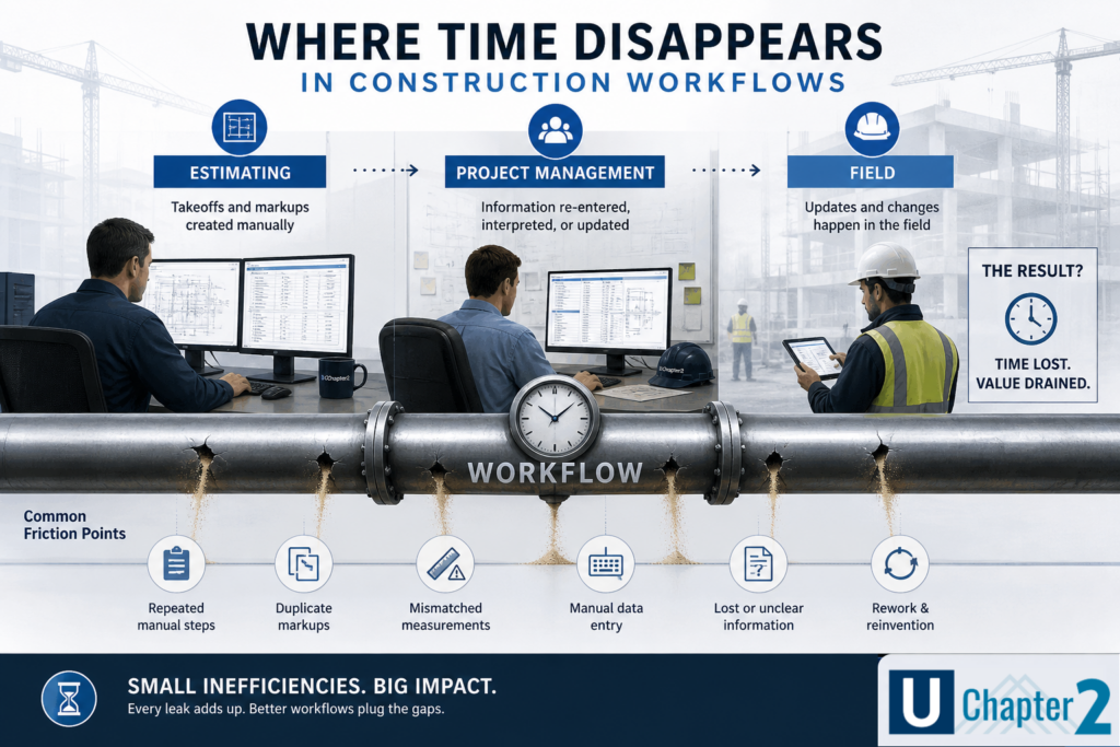 leaking pipe illustration representing time loss in construction workflows due to inefficiencies and manual processes