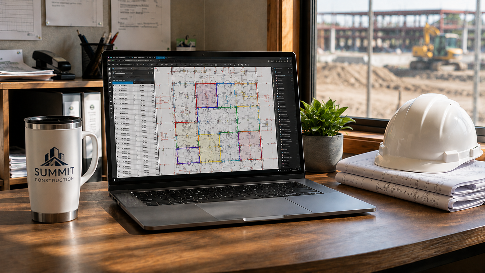 Organized Bluebeam estimating workflow on laptop with construction plans