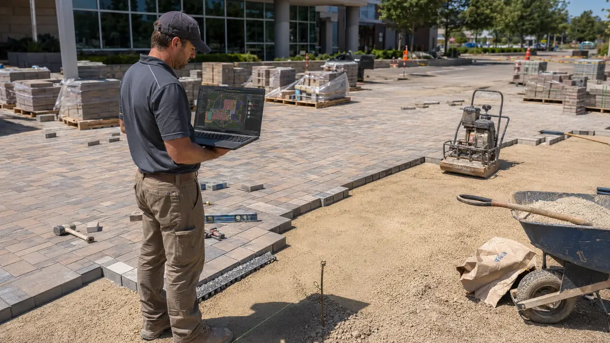 Hardscape Tool Set Field Review Foreman reviewing a Bluebeam hardscape Tool Set on a laptop at a commercial paver plaza installation