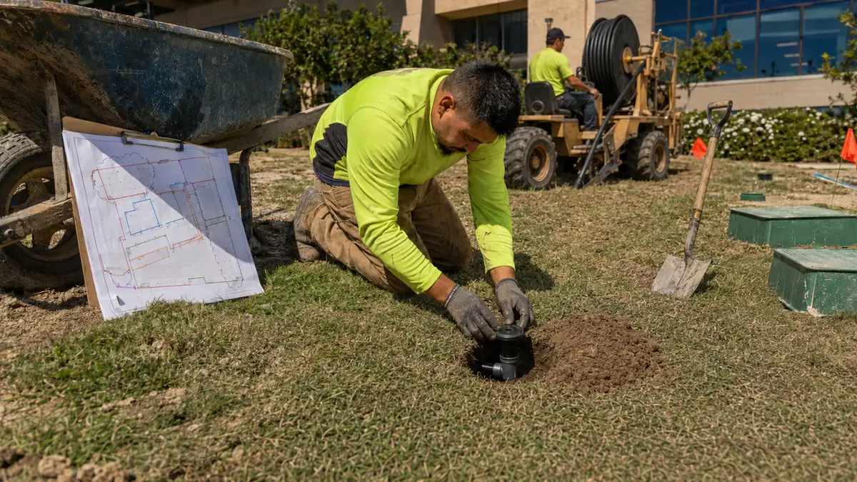 Irrigation Installation in the Field Landscape crew member installing irrigation pipe and a sprinkler head on a commercial job site, referencing a marked-up plan
