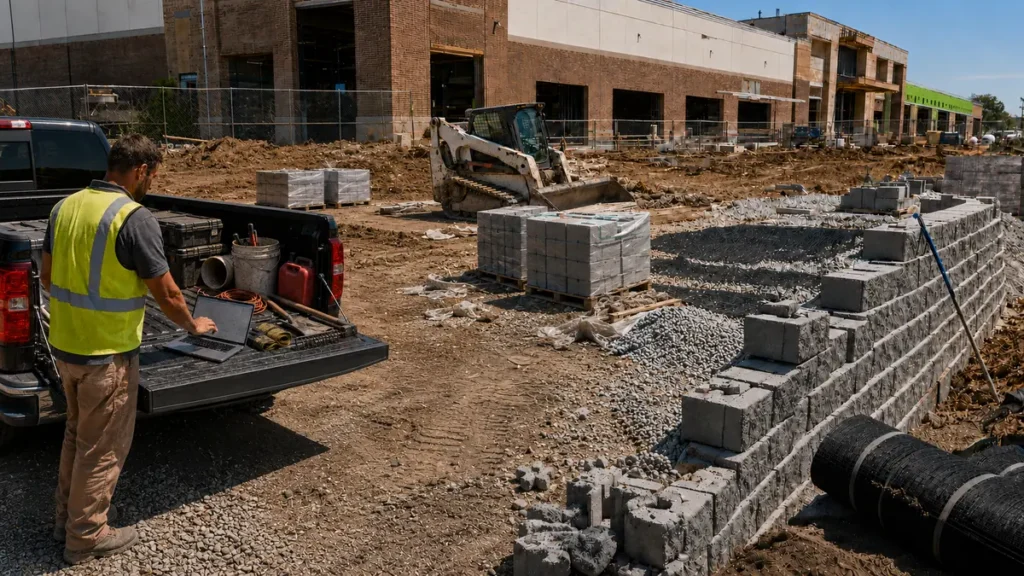 Landscape contractor reviewing Bluebeam markups on a laptop at a commercial retaining wall installation