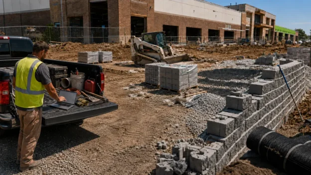 Landscape contractor reviewing Bluebeam markups on a laptop at a commercial retaining wall installation