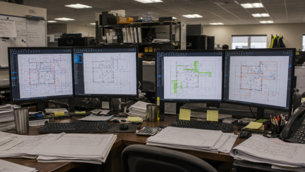 Two estimators comparing inconsistent Bluebeam markups on the same project plans, showing mismatched colors and labels.
