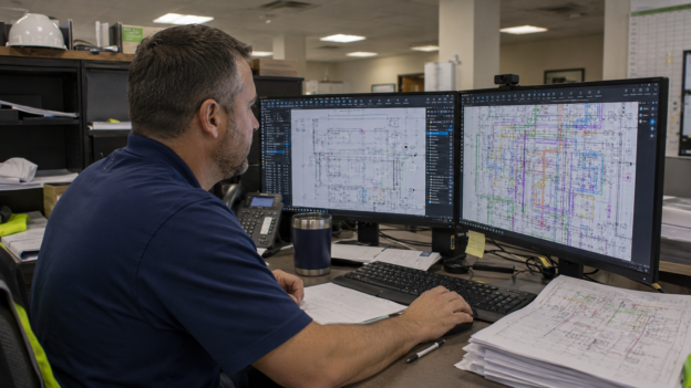 MEP contractor reviewing coordination markups and trade documents in Bluebeam Revu on a dual-monitor setup.