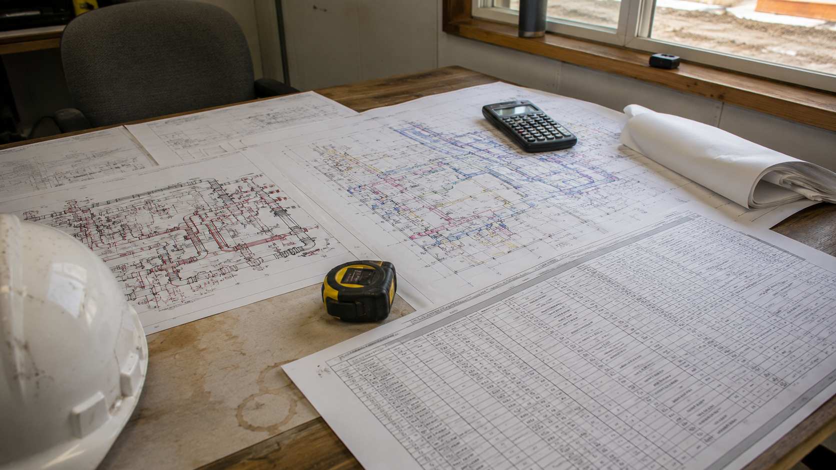 Printed MEP trade documents, panel schedules, and isometric drawings spread across a job site desk with a hardhat and calculator.