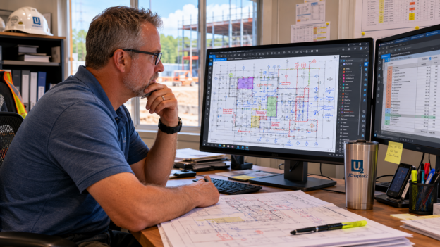 Project manager reviewing Bluebeam workflows on dual monitors in construction office