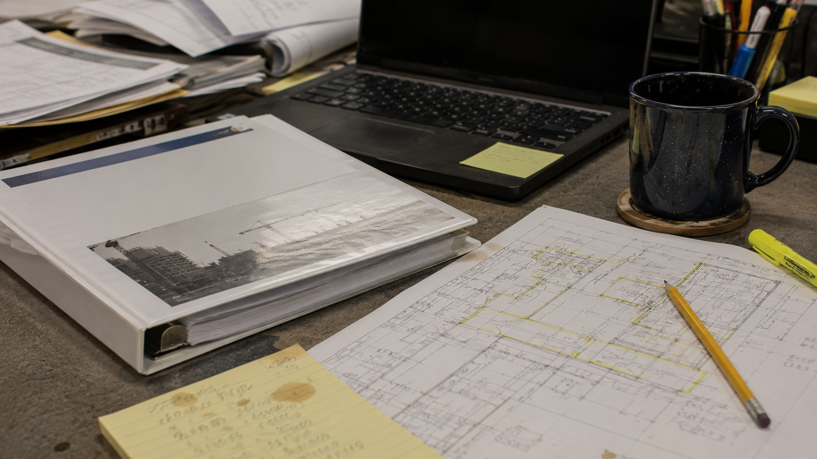Frustrated employee at a desk staring at Bluebeam Revu, reverting to an old printed-plan workflow.