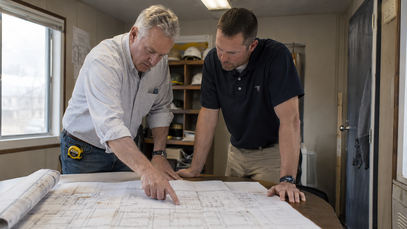 Consultant reviewing a construction team's printed blueprints and workflow on-site during a Bluebeam workflow assessment.