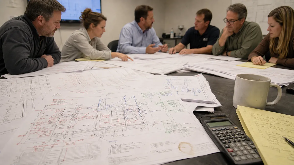 Printed drawing sets with overlapping red, blue, and green consultant markups spread across a conference table