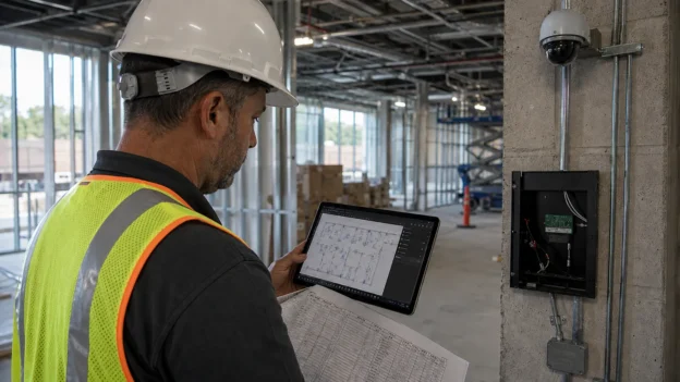 Low-voltage technician reviewing a device count against installed access control hardware on a job site, tablet showing Bluebeam Revu.