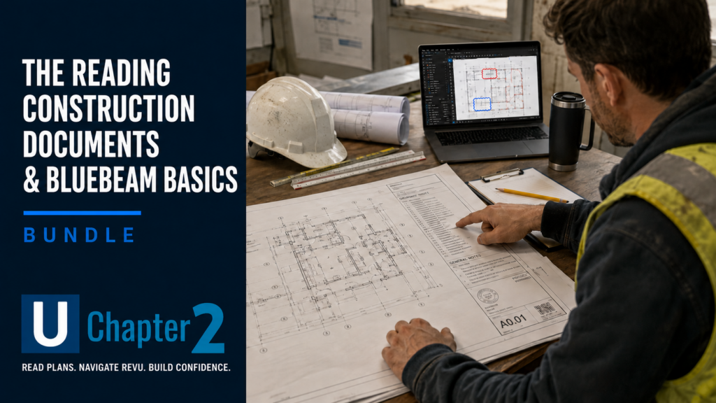 New construction professional reviewing a printed drawing set next to a laptop open to Bluebeam Revu in a job site trailer.