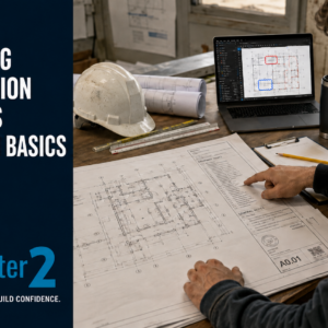 New construction professional reviewing a printed drawing set next to a laptop open to Bluebeam Revu in a job site trailer.