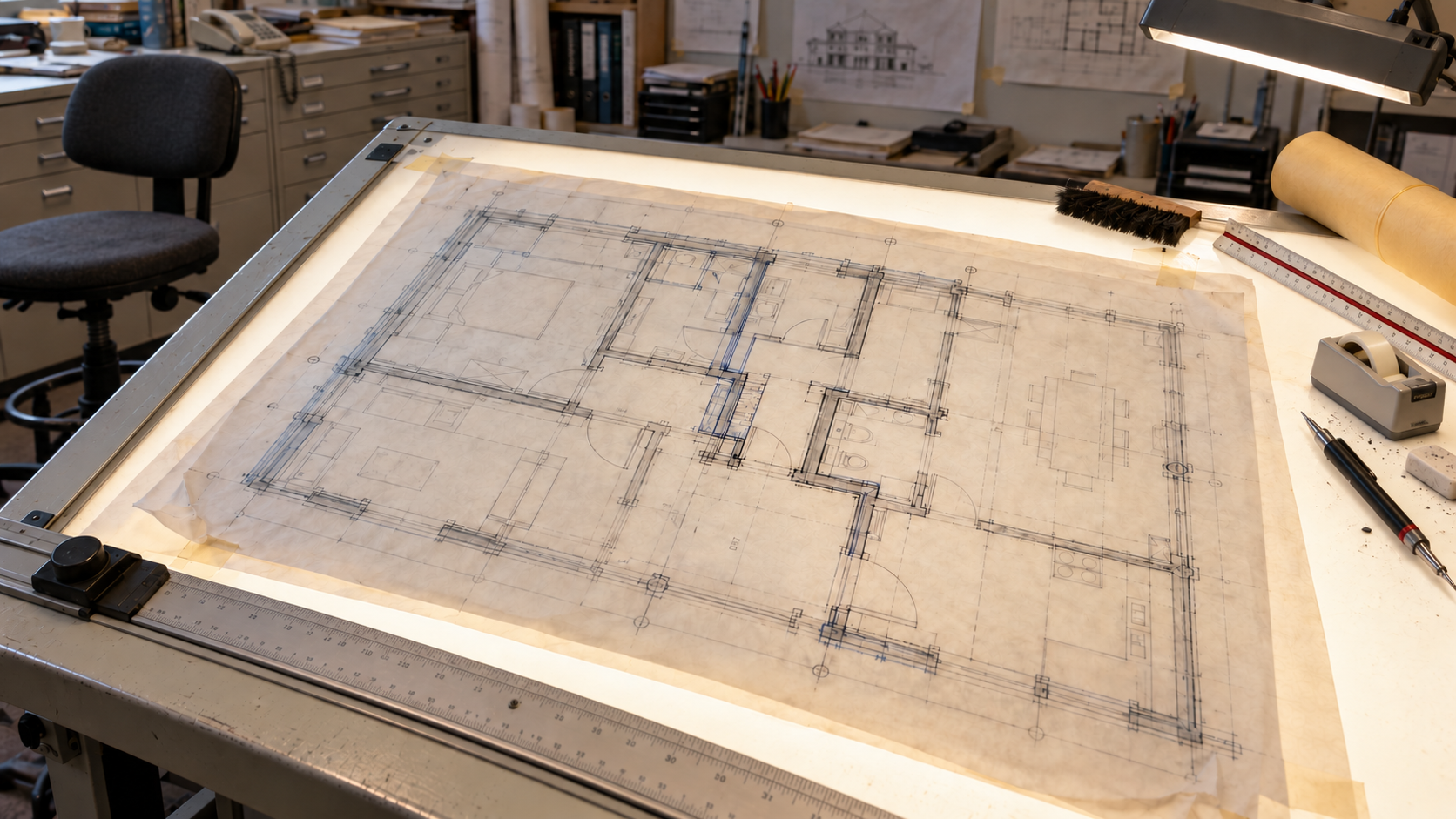 Old drafting light table with two architectural drawings overlaid on top of each other showing a shifted wall
