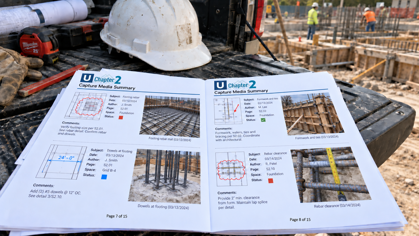 Printed field inspection report showing structural markups and redlines alongside attached site photos