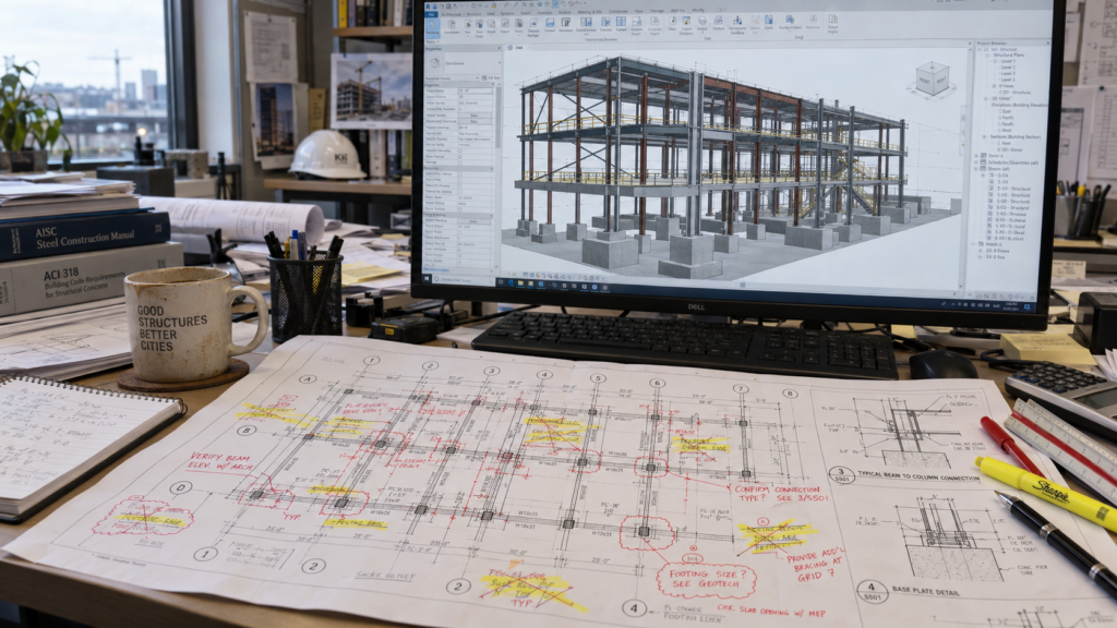 Printed structural drawing with redlines scribbled over in yellow highlighter next to a monitor showing the structural model in Autodesk Revit