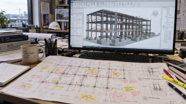 Printed structural drawing with redlines scribbled over in yellow highlighter next to a monitor showing the structural model in Autodesk Revit